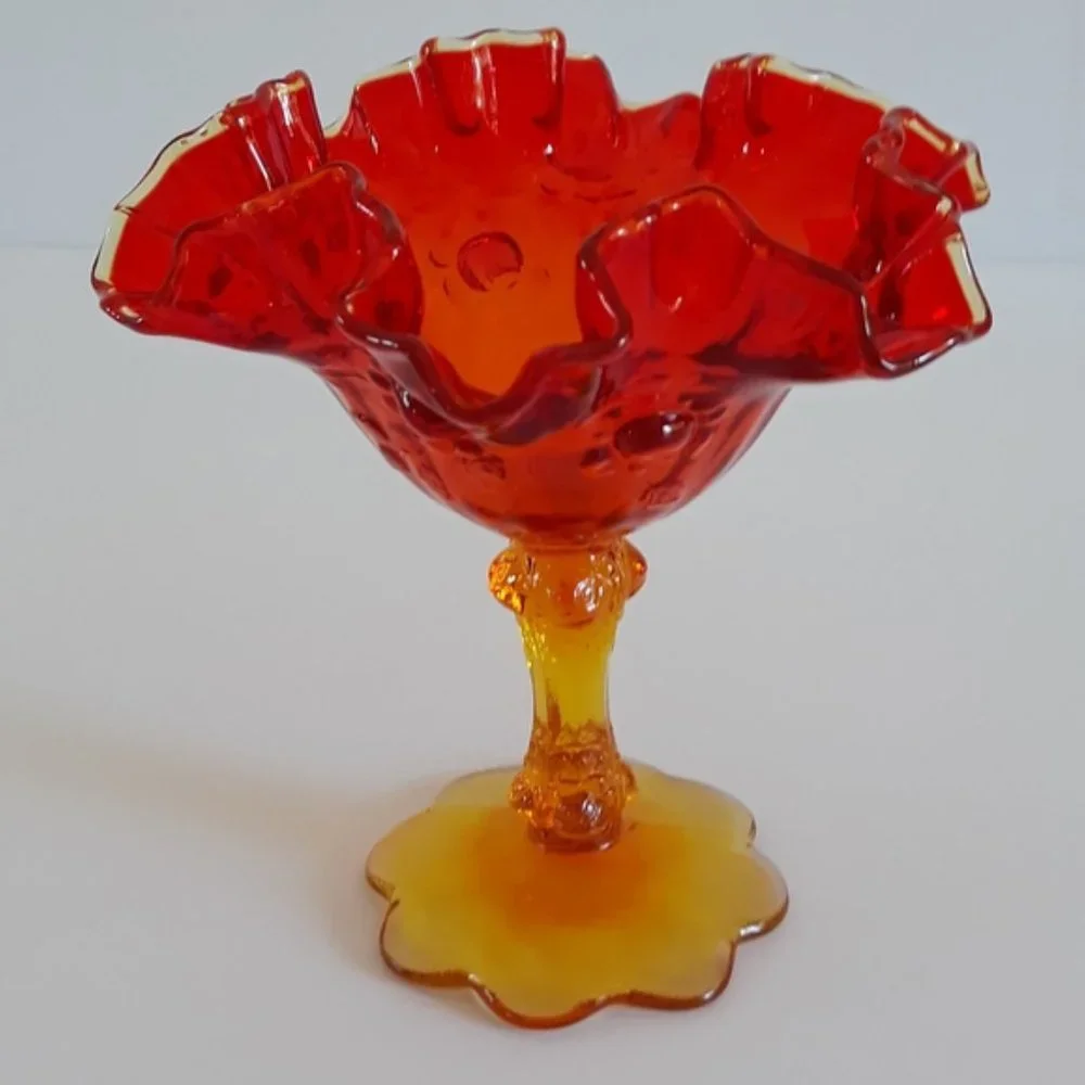 Vintage Amberina Glass Ruffled Compote Candy Dish Pedestal Bowl